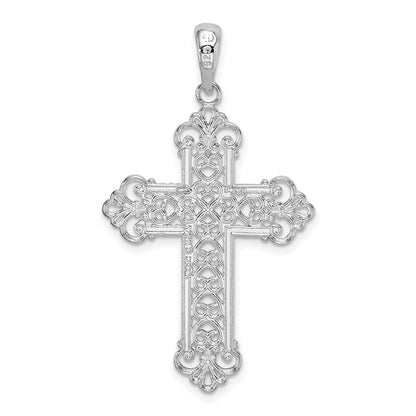 Sterling Silver De-Ani Rhodium-Plated Polished Filigree Fleur De Lis Cross Pendant