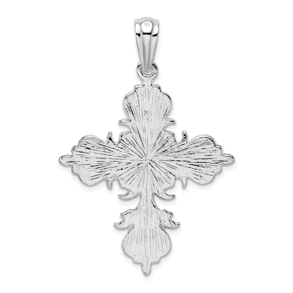 Sterling Silver De-Ani Rhodium-Plated Polished And Textured Fleur De Lis Cross Pendant