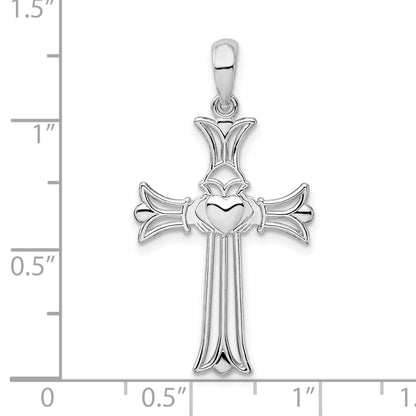 Sterling Silver De-Ani Rhodium-Plated Polished Cut-Out Claddagh Cross Pendant