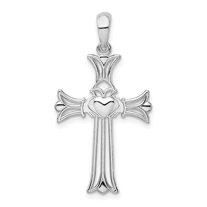 Sterling Silver De-Ani Rhodium-Plated Polished Cut-Out Claddagh Cross Pendant