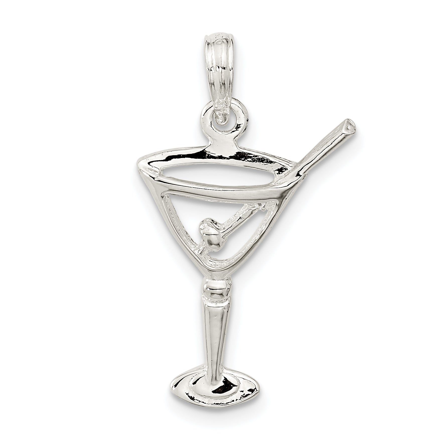 Sterling Silver De-Ani Rhodium-Plated Polished Cut-Out Martini With Olive Pendant