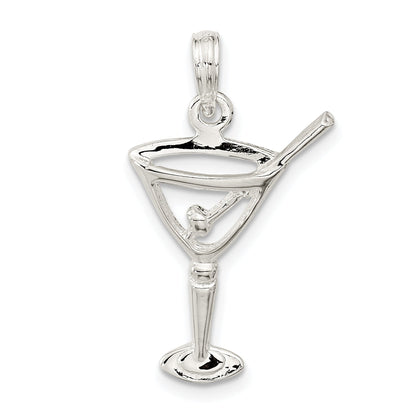 Sterling Silver De-Ani Rhodium-Plated Polished Cut-Out Martini With Olive Pendant