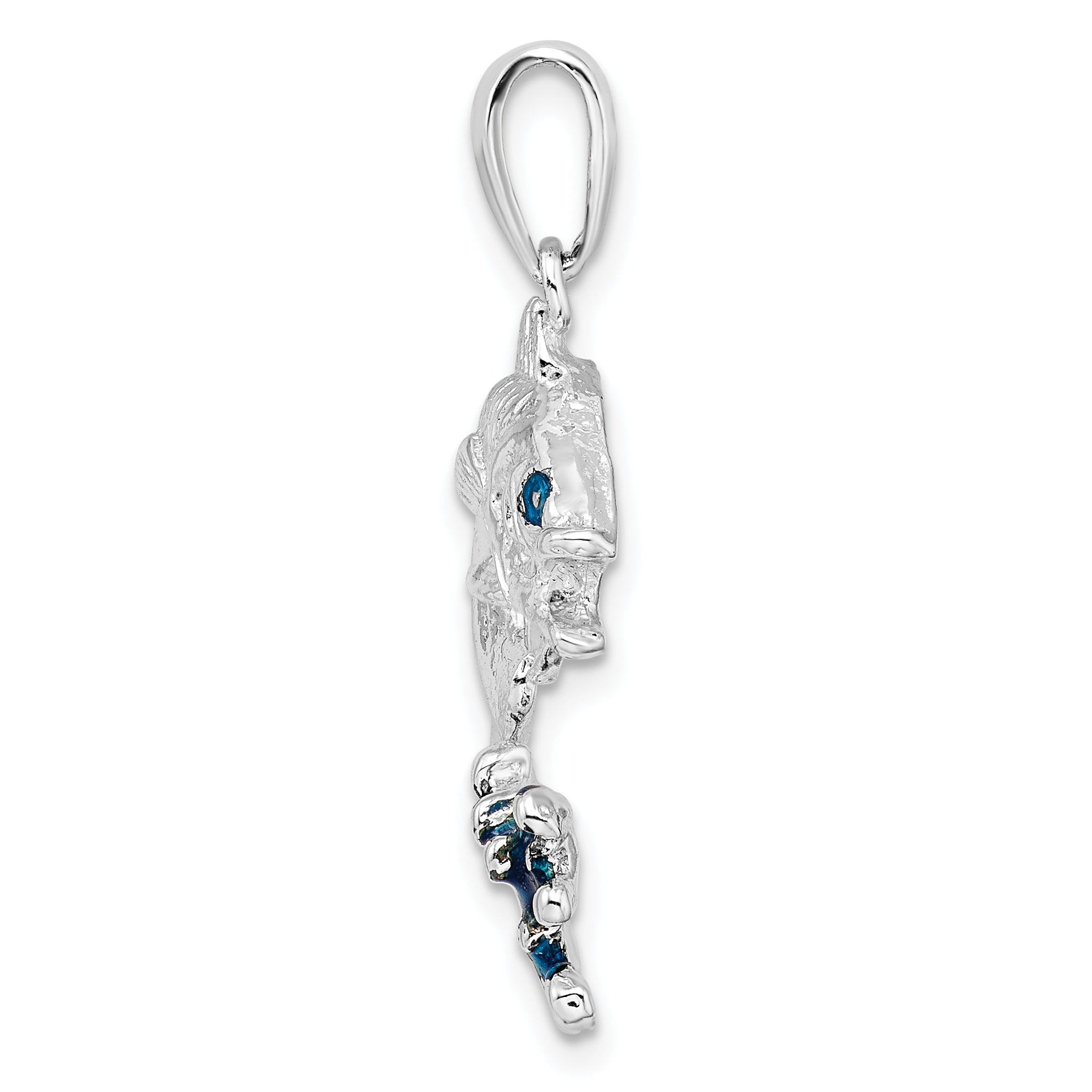 Sterling Silver De-Ani Rhodium-Plated Enameled Jumping Bass Fish Pendant