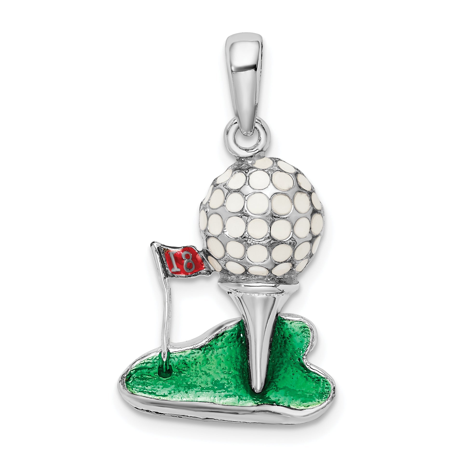 Sterling Silver De-Ani Rhodium-Plated Polished Enameled Golf Ball With Tee Pendant