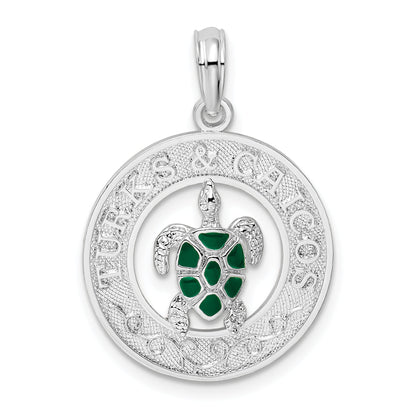 Sterling Silver De-Ani Rhodium-Plated Enameled Turks And Caicos With Turtle Pendant