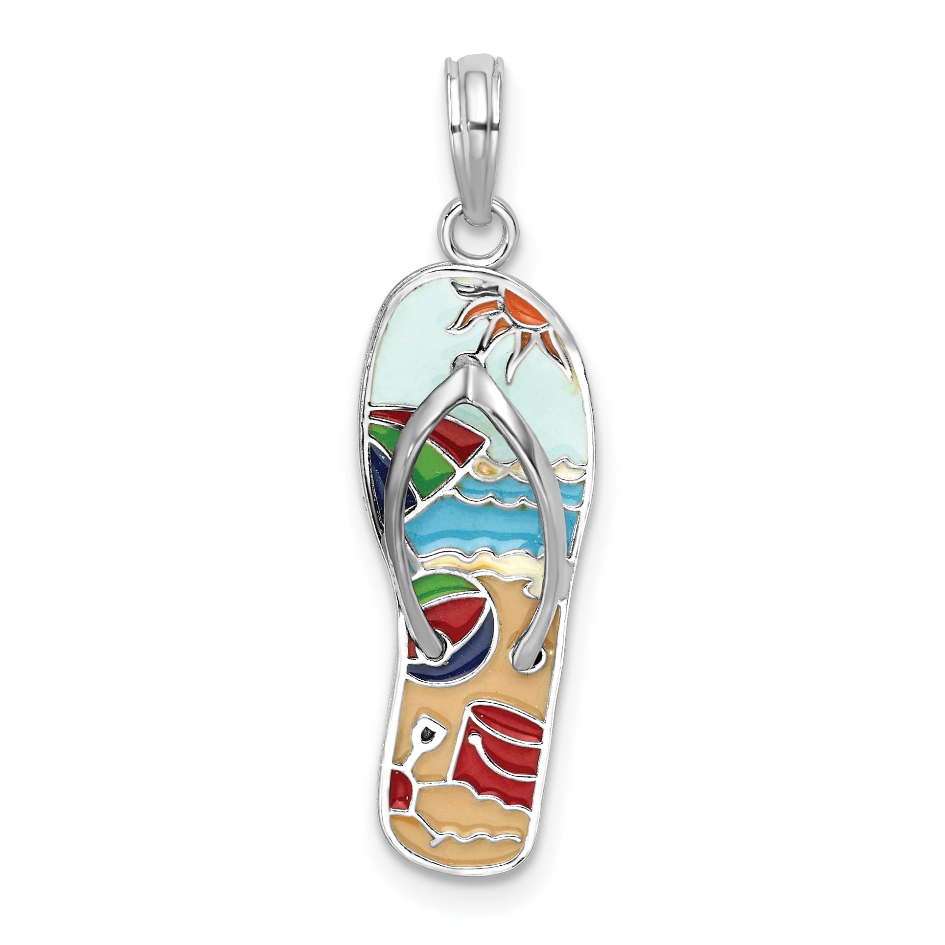 Sterling Silver De-Ani Rhodium-Plated 3D Enameled Beach Scene Flip-Flop Pendant