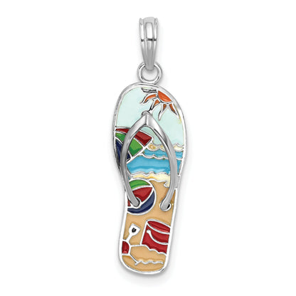 Sterling Silver De-Ani Rhodium-Plated 3D Enameled Beach Scene Flip-Flop Pendant