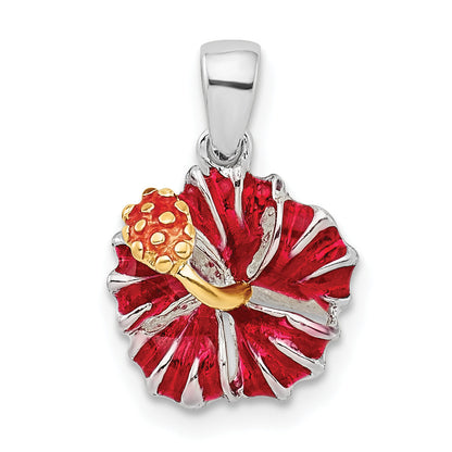 Sterling Silver De-Ani Rhodium-Plated Polished Enameled Red Hibiscus Pendant
