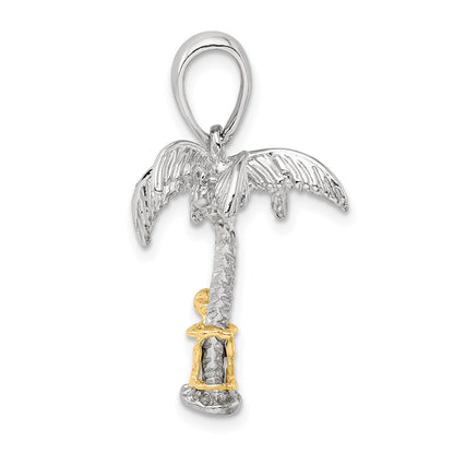 Silver/14K Two-Tone Sterling Silver Polish 3D Palm Tree W/14K Moving Climber Pendant
