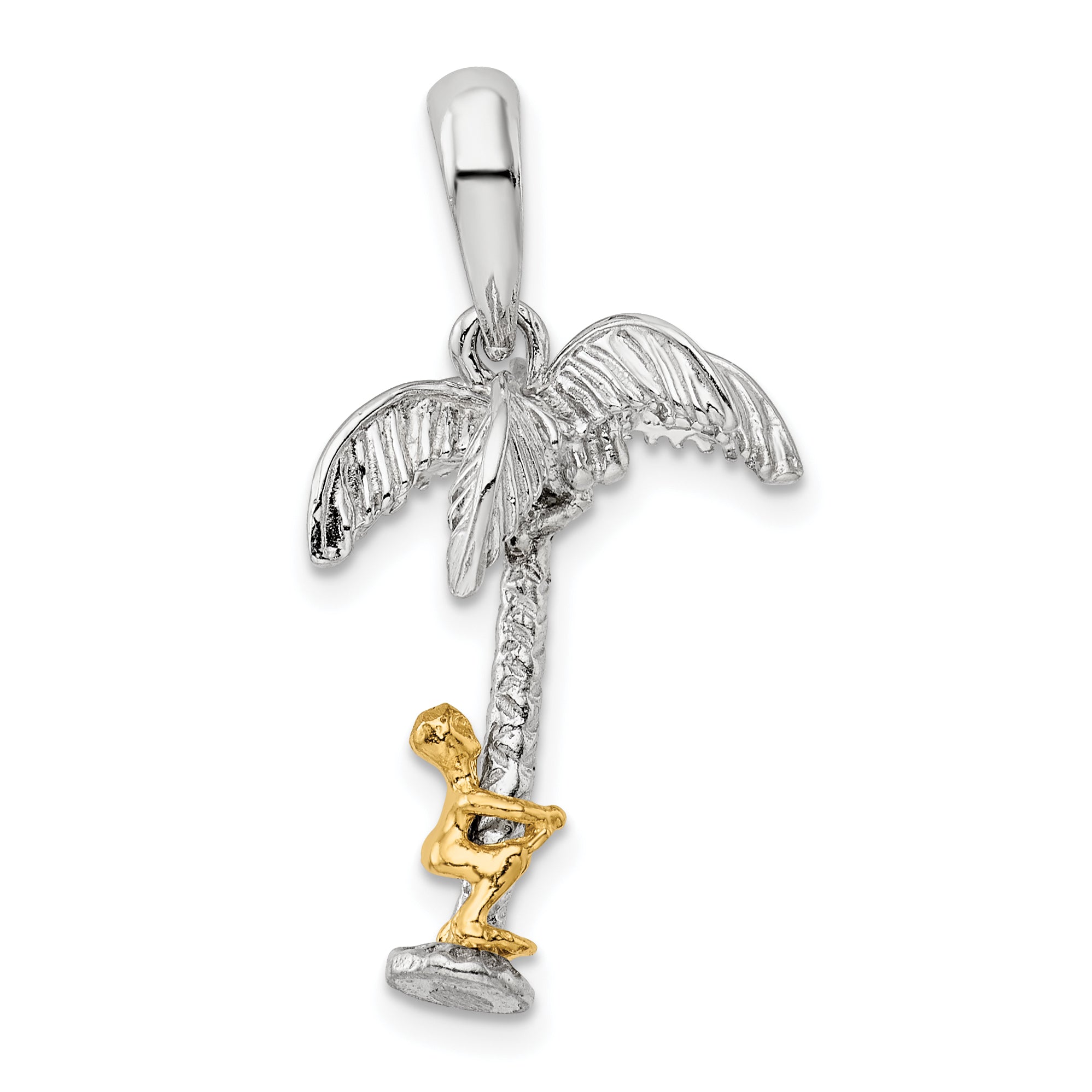 Silver/14K Two-Tone Sterling Silver Polish 3D Palm Tree W/14K Moving Climber Pendant