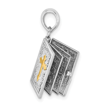 Silver/14K Two-Tone De-Ani Sterling Silver Rhodium-Plated Texture Lords Prayer Bible With 14K Cross Pendant