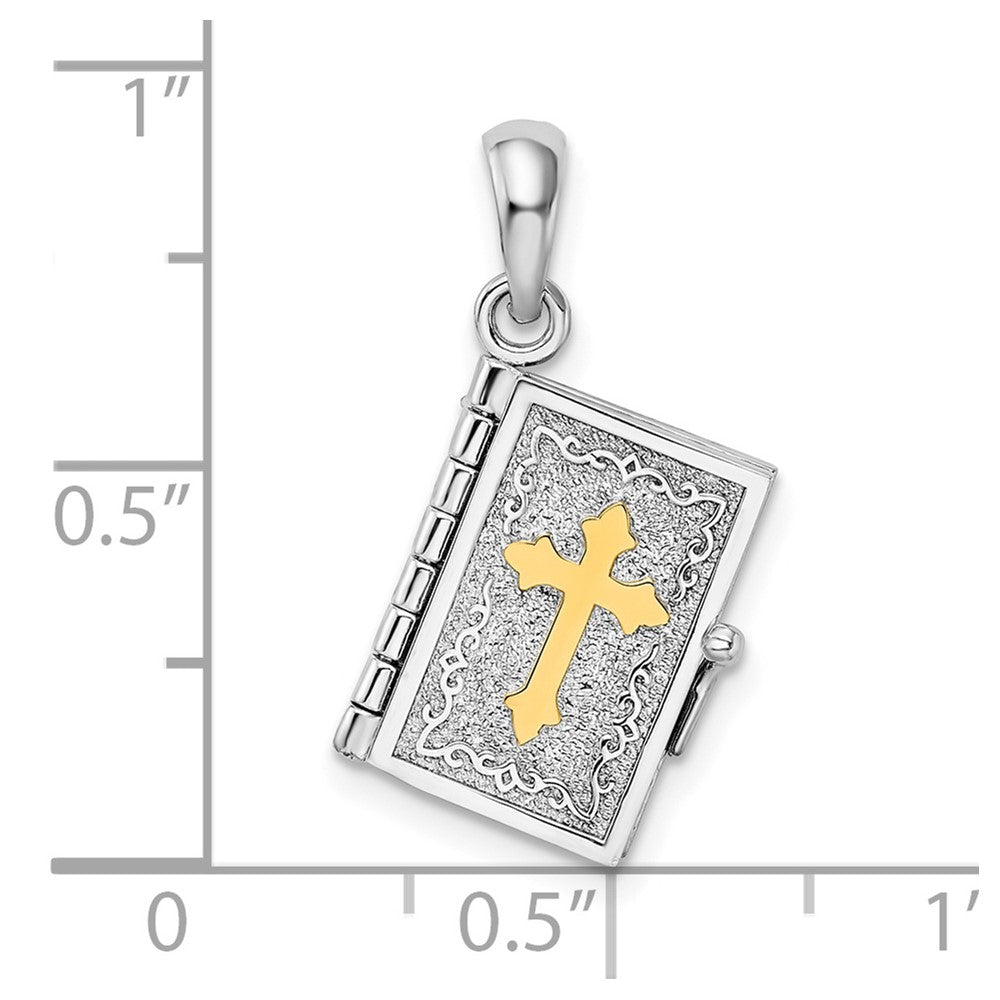 Silver/14K Two-Tone De-Ani Sterling Silver Rhodium-Plated Texture Lords Prayer Bible With 14K Cross Pendant