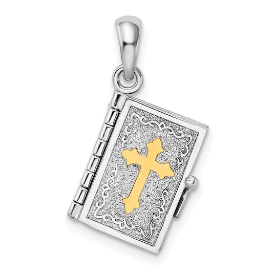 Silver/14K Two-Tone De-Ani Sterling Silver Rhodium-Plated Texture Lords Prayer Bible With 14K Cross Pendant