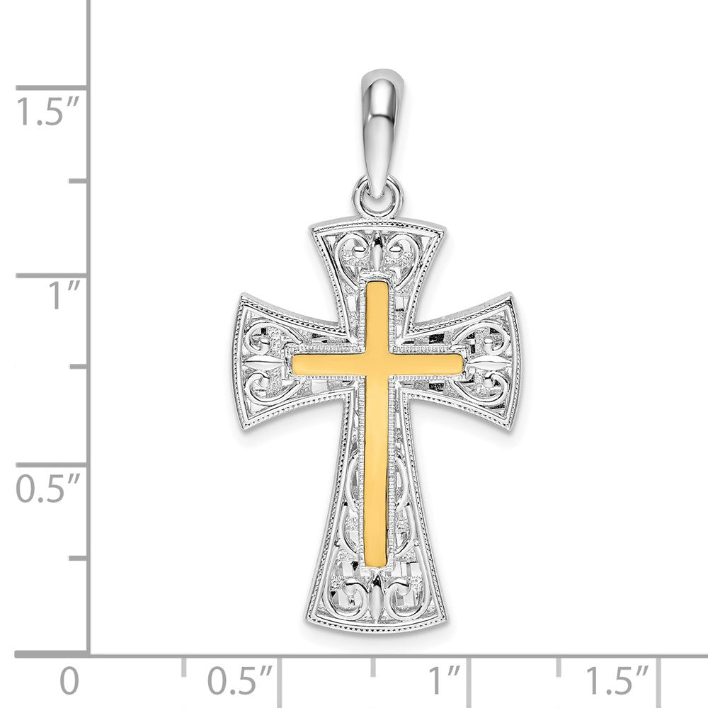 Silver/14K Two-Tone De-Ani Sterling Silver Rhodium-Plated Polished Fancy Cross With 14K Accent Pendant