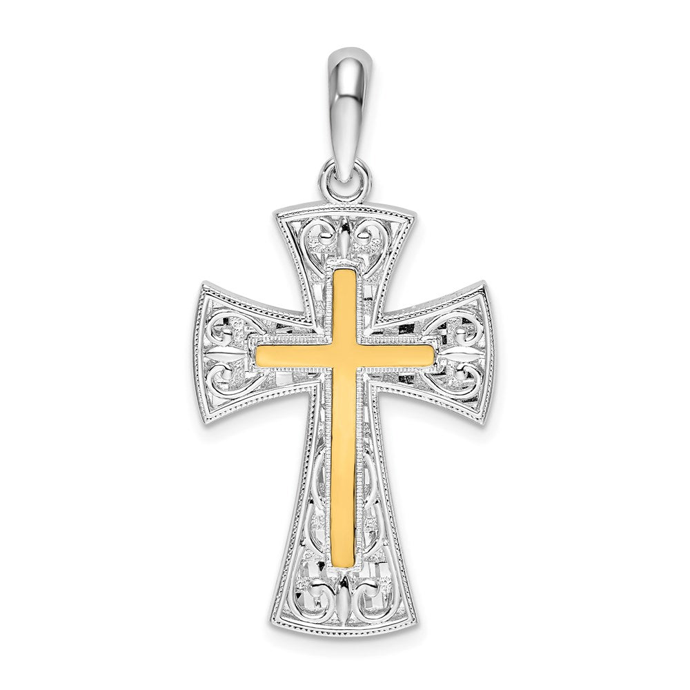 Silver/14K Two-Tone De-Ani Sterling Silver Rhodium-Plated Polished Fancy Cross With 14K Accent Pendant