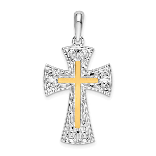 Silver/14K Two-Tone De-Ani Sterling Silver Rhodium-Plated Polished Fancy Cross With 14K Accent Pendant