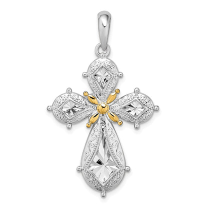 Silver/14K Two-Tone De-Ani Sterling Silver Rhodium-Plated Polished Filigree Cross With 14K Accent Pendant