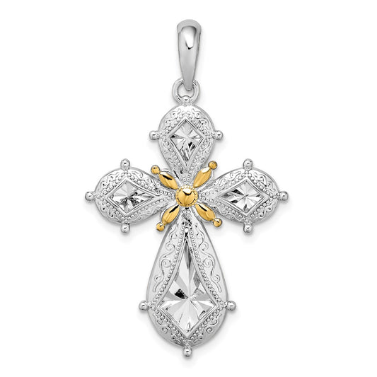 Silver/14K Two-Tone De-Ani Sterling Silver Rhodium-Plated Polished Filigree Cross With 14K Accent Pendant