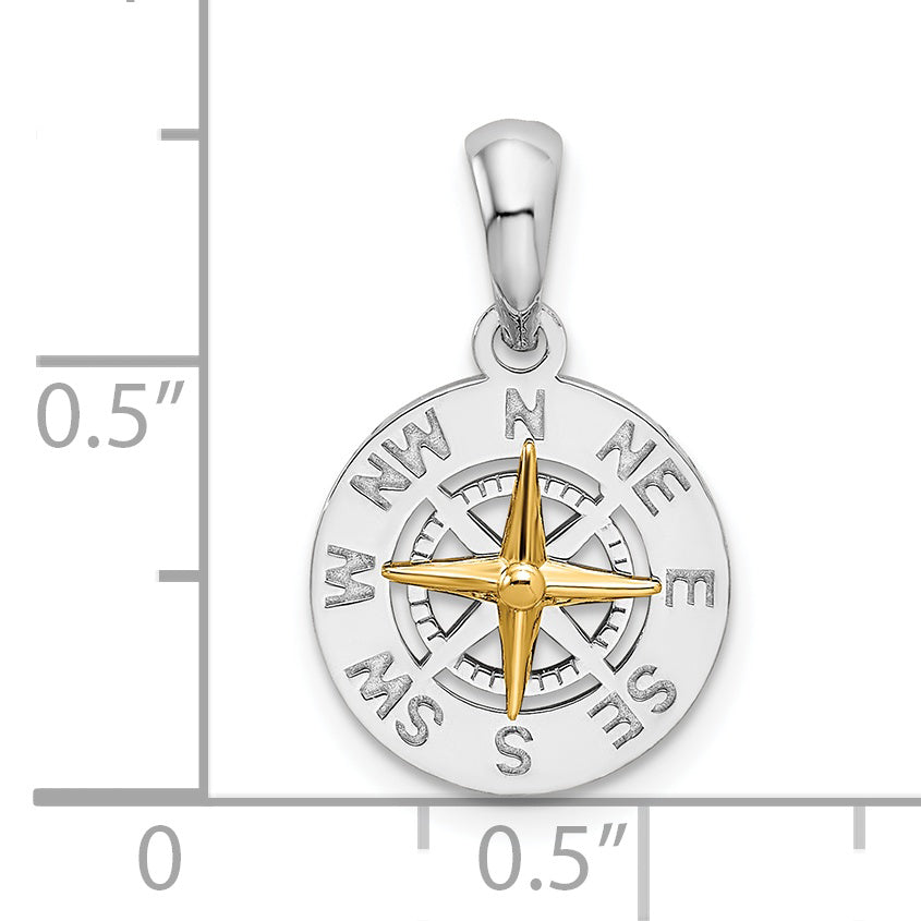 Silver/14K Two-Tone De-Ani Sterling Silver Rhodium-Plated Polished Mini Compass With 14K Needle Pendant