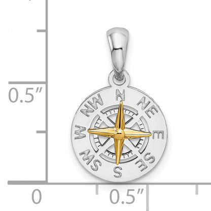 Silver/14K Two-Tone De-Ani Sterling Silver Rhodium-Plated Polished Mini Compass With 14K Needle Pendant
