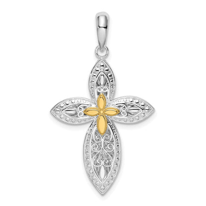 Silver/14K Two-Tone Sterling Silver Polished Filigree Cross W/14K Accent Pendant