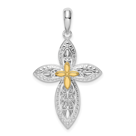 Silver/14K Two-Tone Sterling Silver Polished Filigree Cross W/14K Accent Pendant