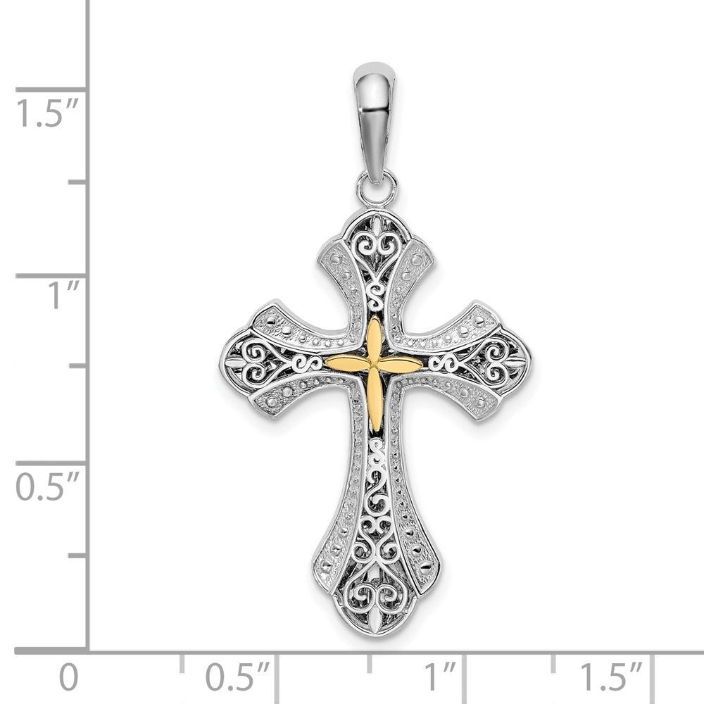 Silver/14K Two-Tone De-Ani Sterling Silver Rhodium-Plated Filigree Budded Cross With 14K Accent Pendant