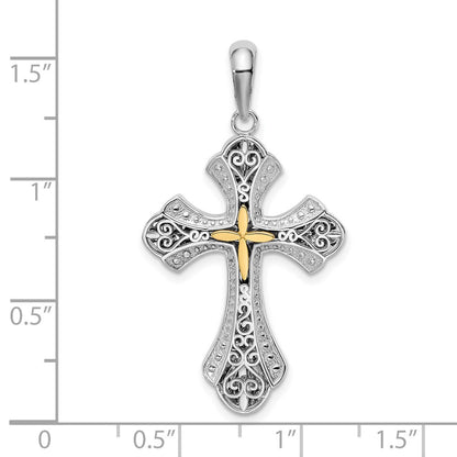 Silver/14K Two-Tone De-Ani Sterling Silver Rhodium-Plated Filigree Budded Cross With 14K Accent Pendant
