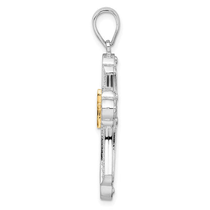 Silver/14K Two-Tone De-Ani Sterling Silver Rhodium-Plated Diamond-Cut Budded Cross With 14K Accent Pendant