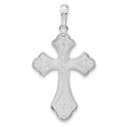 Silver/14K Two-Tone De-Ani Sterling Silver Rhodium-Plated Diamond-Cut Budded Cross With 14K Accent Pendant