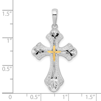 Silver/14K Two-Tone De-Ani Sterling Silver Rhodium-Plated Diamond-Cut Budded Cross With 14K Accent Pendant