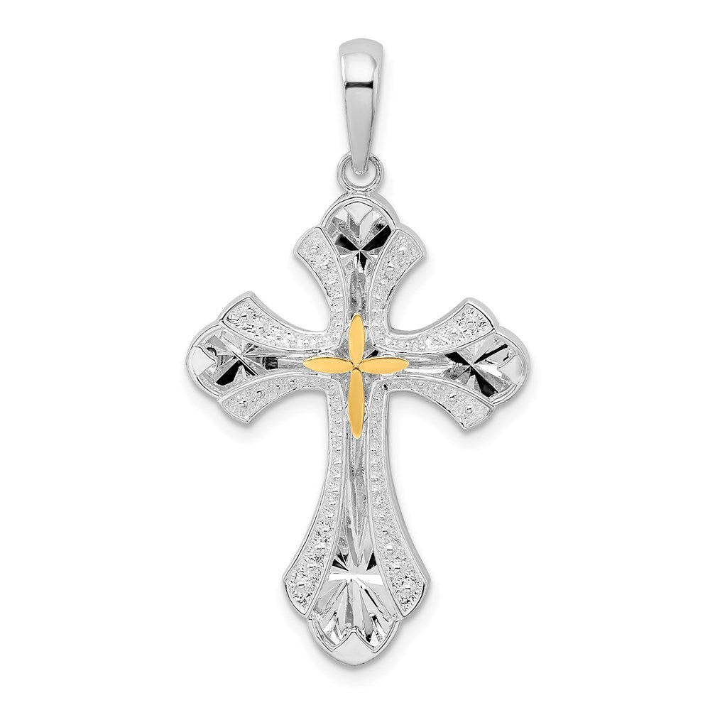 Silver/14K Two-Tone De-Ani Sterling Silver Rhodium-Plated Diamond-Cut Budded Cross With 14K Accent Pendant