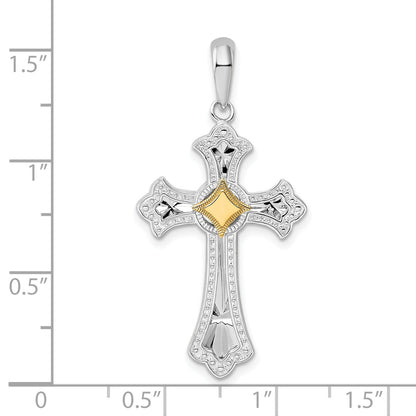 Silver/14K Two-Tone De-Ani Sterling Silver Rhodium-Plated Diamond-Cut Fleur De Lis Cross With 14K Accent Pendant