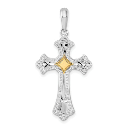 Silver/14K Two-Tone De-Ani Sterling Silver Rhodium-Plated Diamond-Cut Fleur De Lis Cross With 14K Accent Pendant