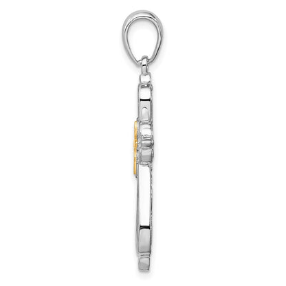 Silver/14K Two-Tone De-Ani Sterling Silver Rhodium-Plated Diamond-Cut Rounded Cross With 14K Accent Pendant