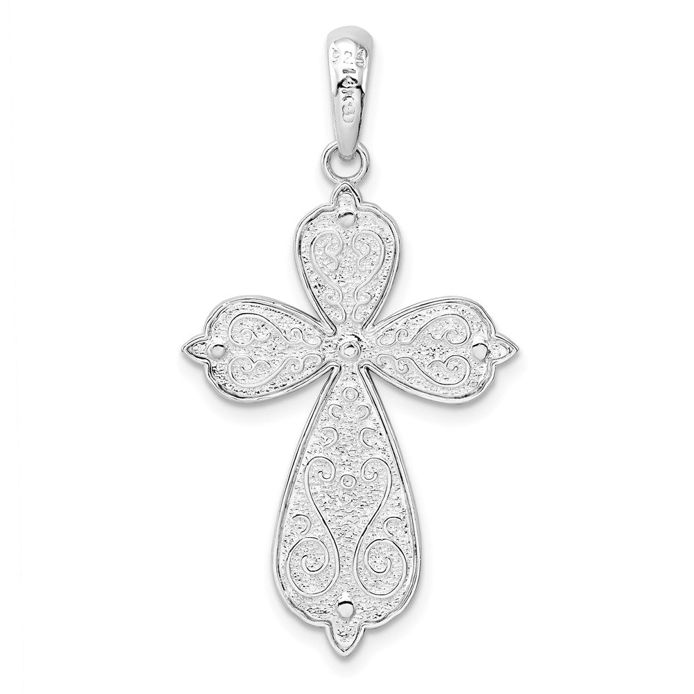 Silver/14K Two-Tone De-Ani Sterling Silver Rhodium-Plated Diamond-Cut Rounded Cross With 14K Accent Pendant