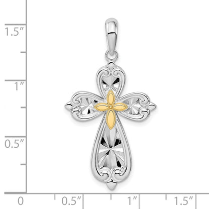 Silver/14K Two-Tone De-Ani Sterling Silver Rhodium-Plated Diamond-Cut Rounded Cross With 14K Accent Pendant
