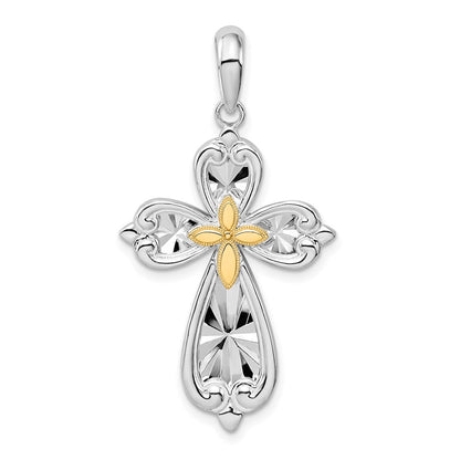 Silver/14K Two-Tone De-Ani Sterling Silver Rhodium-Plated Diamond-Cut Rounded Cross With 14K Accent Pendant
