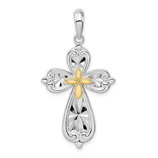 Silver/14K Two-Tone De-Ani Sterling Silver Rhodium-Plated Diamond-Cut Rounded Cross With 14K Accent Pendant