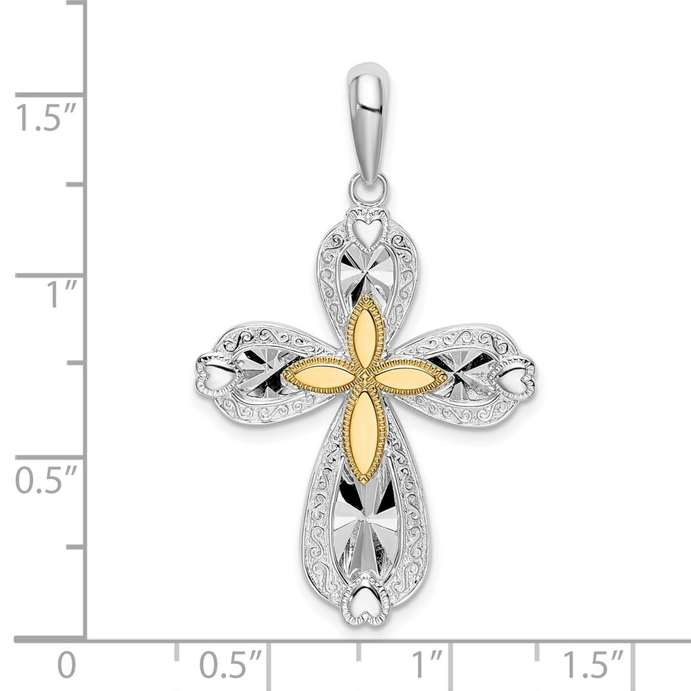 Silver/14K Two-Tone De-Ani Sterling Silver Rhodium-Plated Diamond-Cut Heart Cross With 14K Accent Pendant