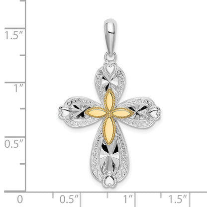 Silver/14K Two-Tone De-Ani Sterling Silver Rhodium-Plated Diamond-Cut Heart Cross With 14K Accent Pendant