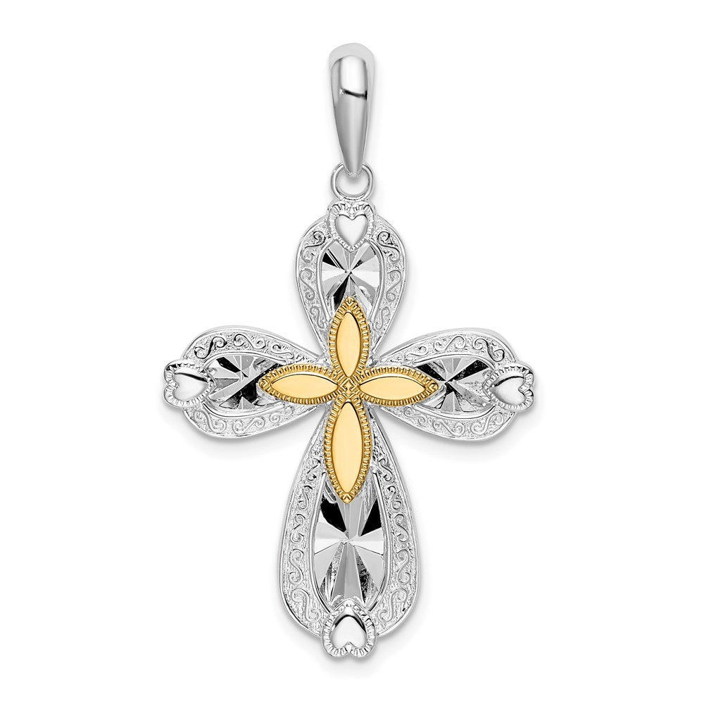 Silver/14K Two-Tone De-Ani Sterling Silver Rhodium-Plated Diamond-Cut Heart Cross With 14K Accent Pendant