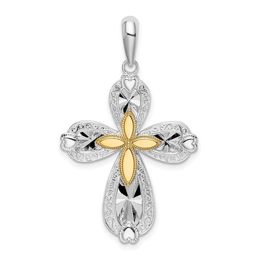Silver/14K Two-Tone De-Ani Sterling Silver Rhodium-Plated Diamond-Cut Heart Cross With 14K Accent Pendant