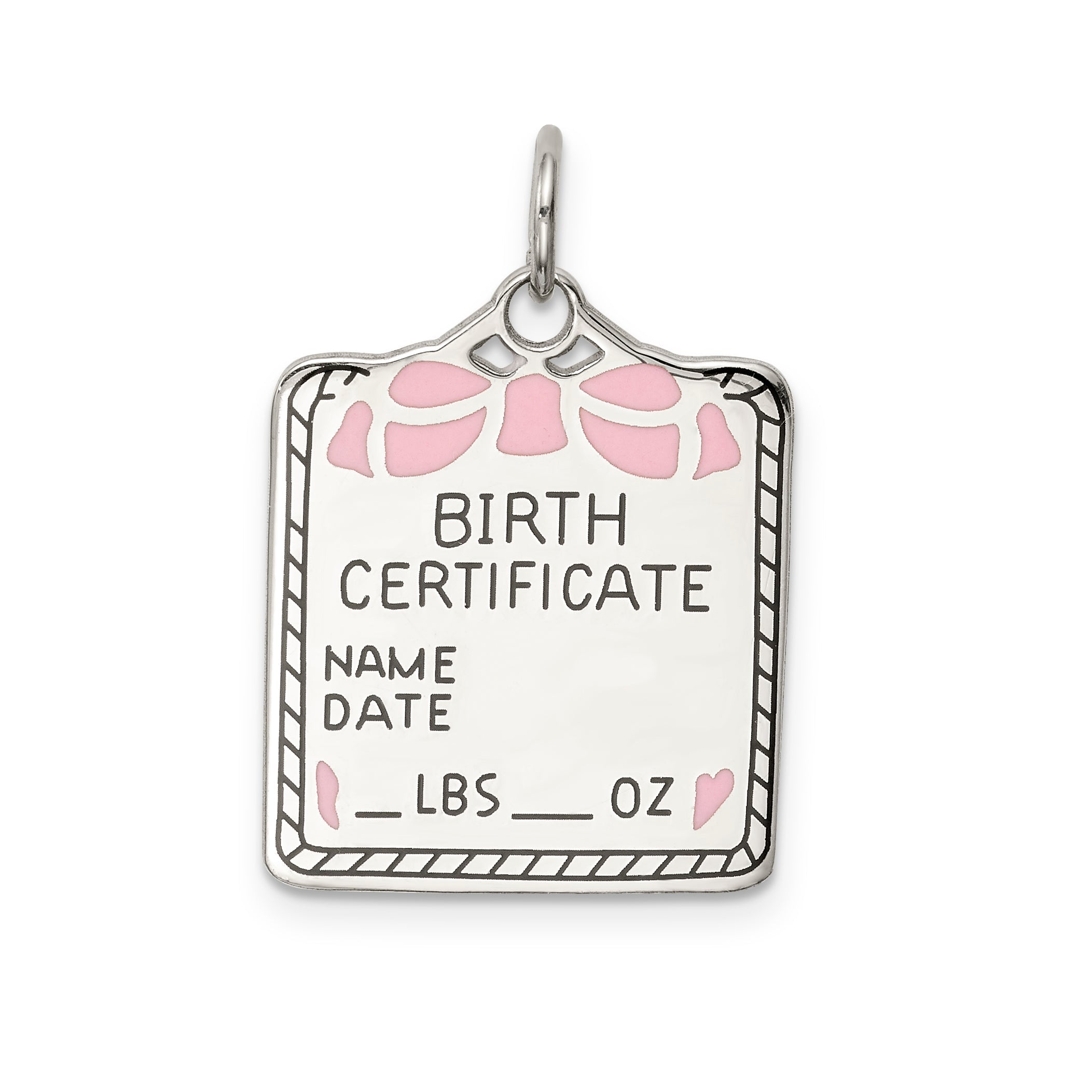 Sterling Silver Ss Rh-Plt Pink Birth Certificate Polished Front/Satin Back Charm