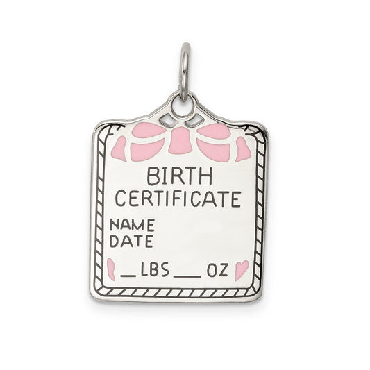 Sterling Silver Ss Rh-Plt Pink Birth Certificate Polished Front/Satin Back Charm