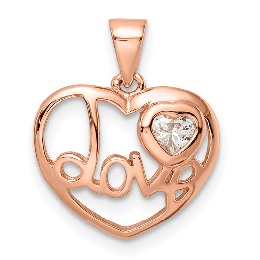 Sterling Silver Rose Tone Cz Love Heart Pendant