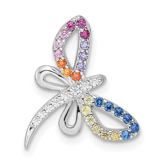 Sterling Silver Rhodium-Plated Multicolor Cz Dragonfly Chain Slide