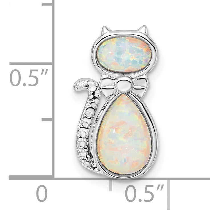 Sterling Silver Rhodium-Plated White Created Opal Cat Chain Slide