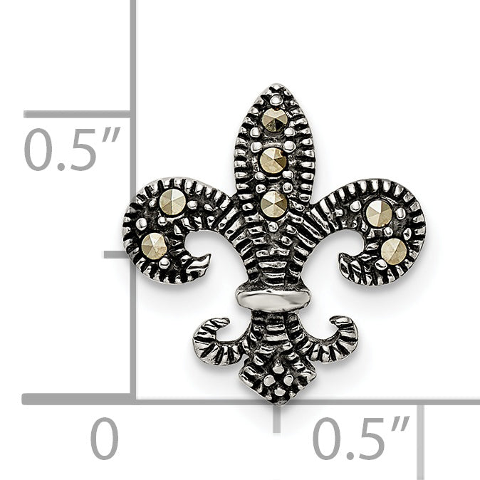 Sterling Silver Antiqued Marcasite Fleur De Lis Chain Slide