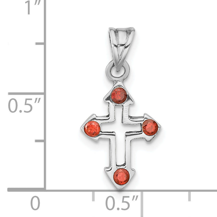 Sterling Silver Rhodium-Plated Polished Open Cross Red Crystal Pendant
